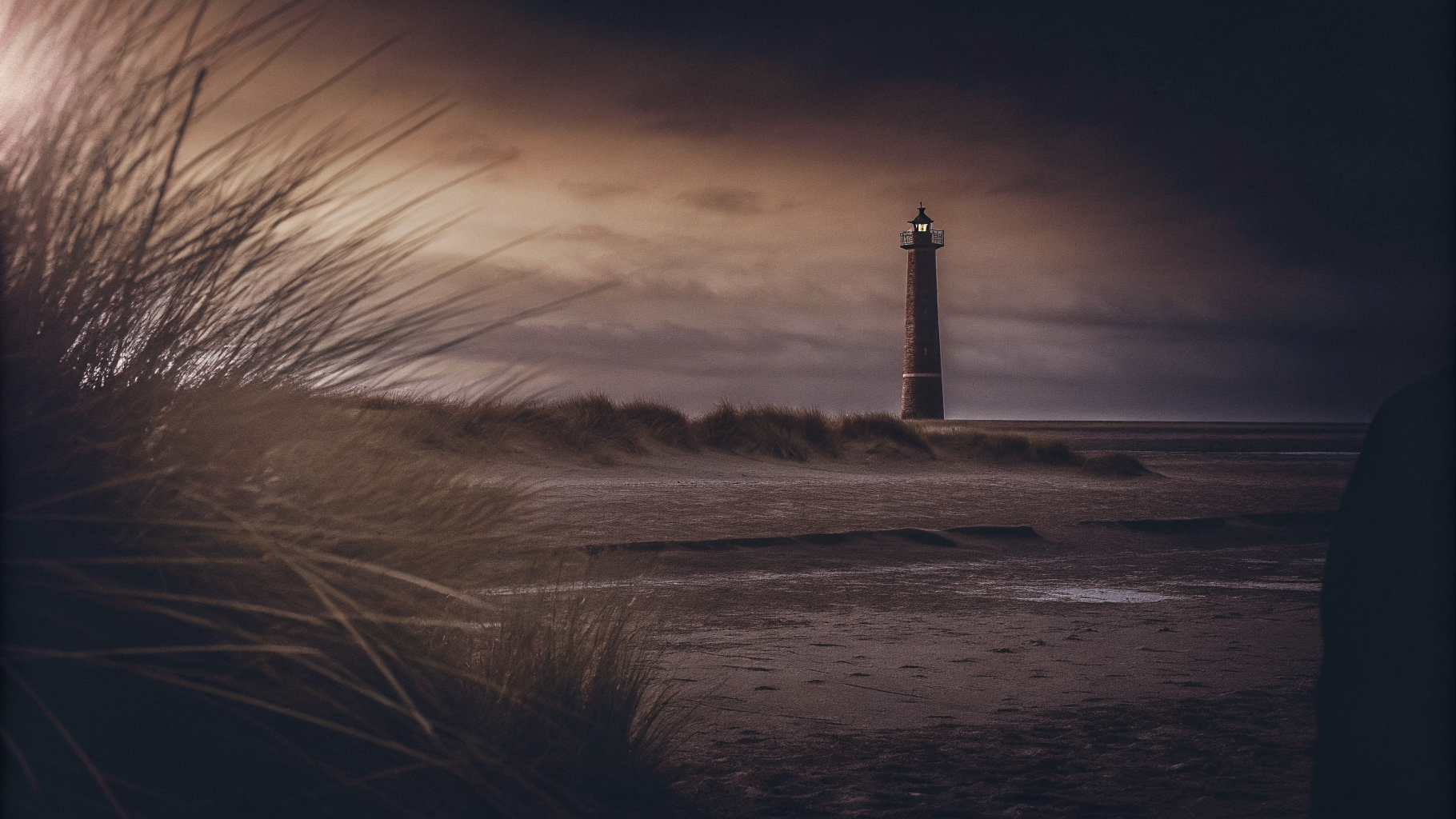 Editorial photograph of a single lit structure standing on open ground at dusk