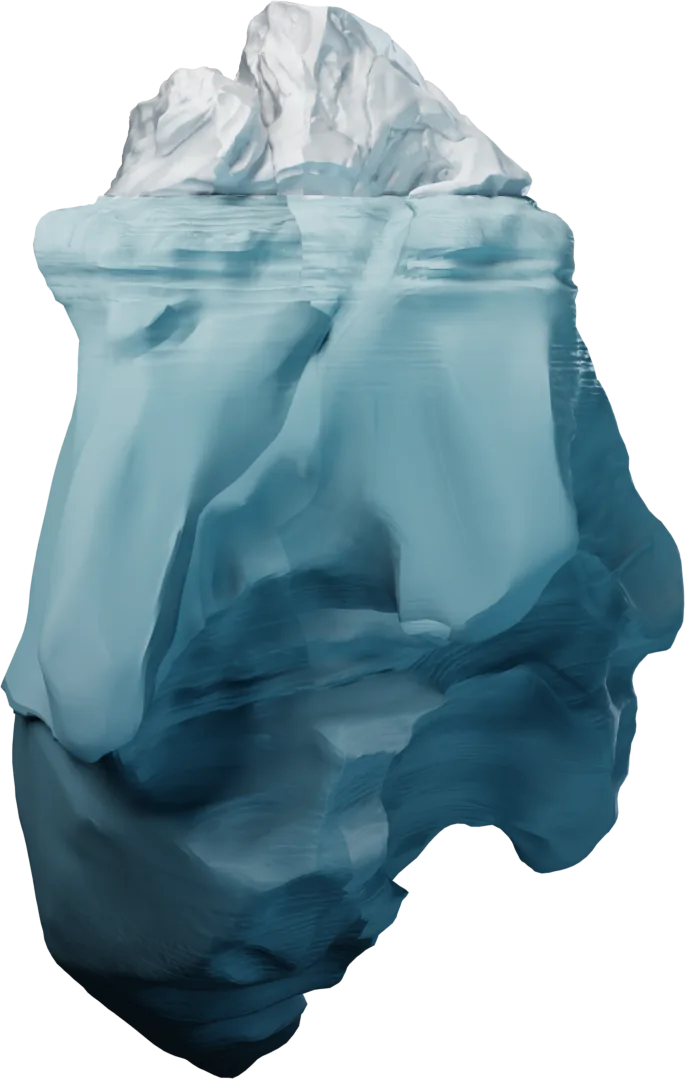 A surveyed iceberg in section. Above the waterline, a small tip labelled 'the logo', the part people judge. Below it, a mass four and a half times deeper labelled 'the system', built from typography, colour, layout and grid, art direction, tone of voice, motion, and the small moments: the part people experience.
