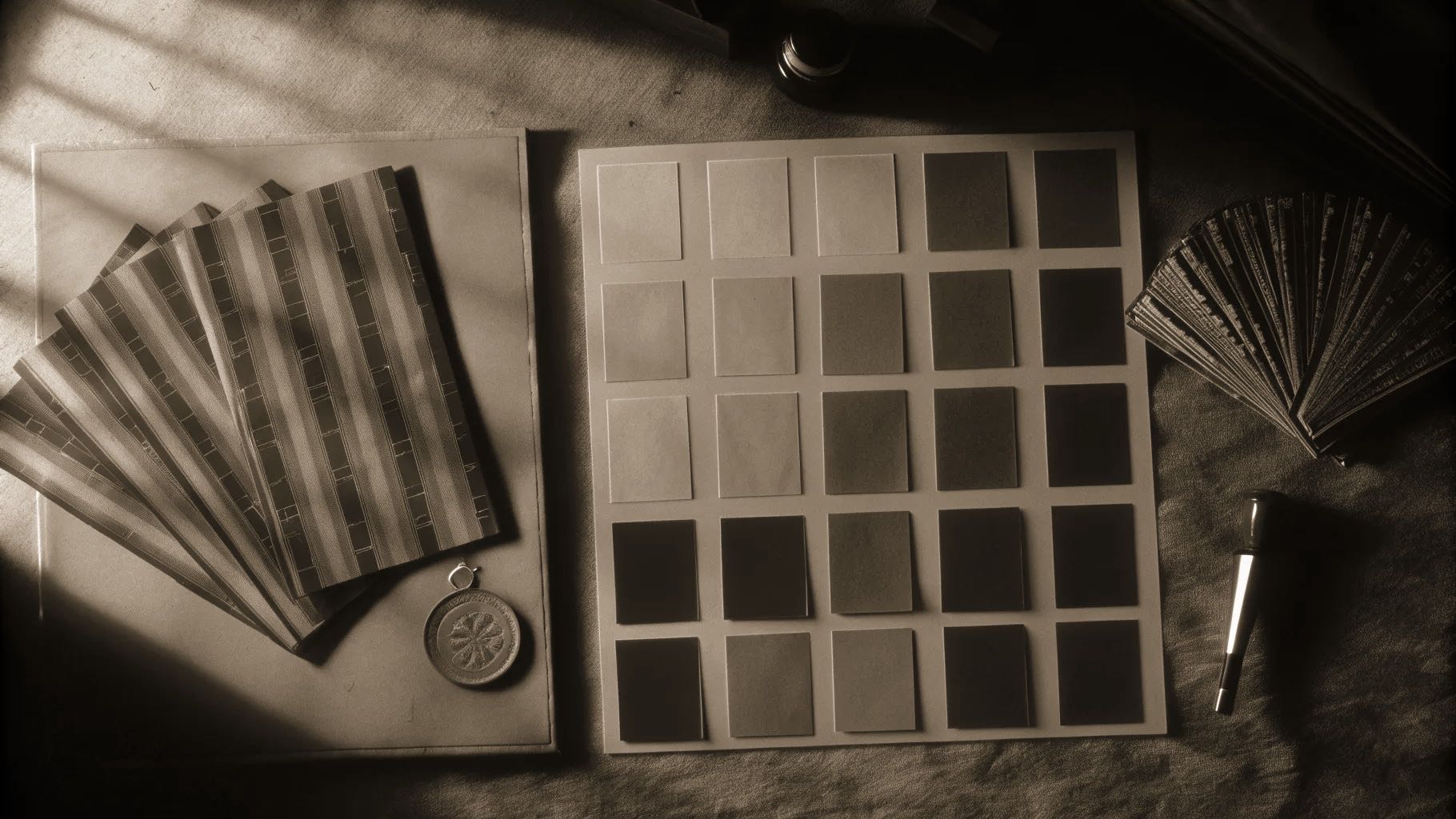 Overhead flat lay of colour swatches, paper stocks and printed specimen cards laid out in an ordered grid