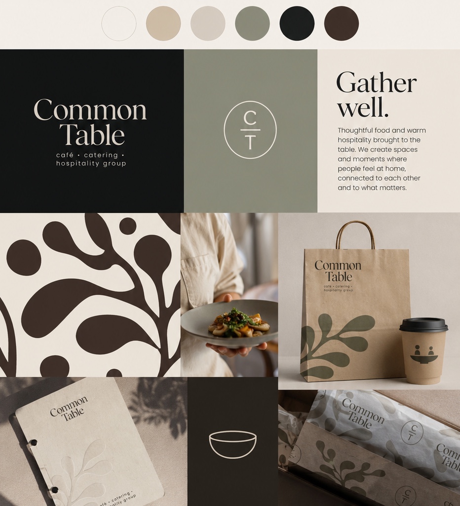 The Common Table brand board, logo, palette, leaf pattern and the identity applied to packaging and menus