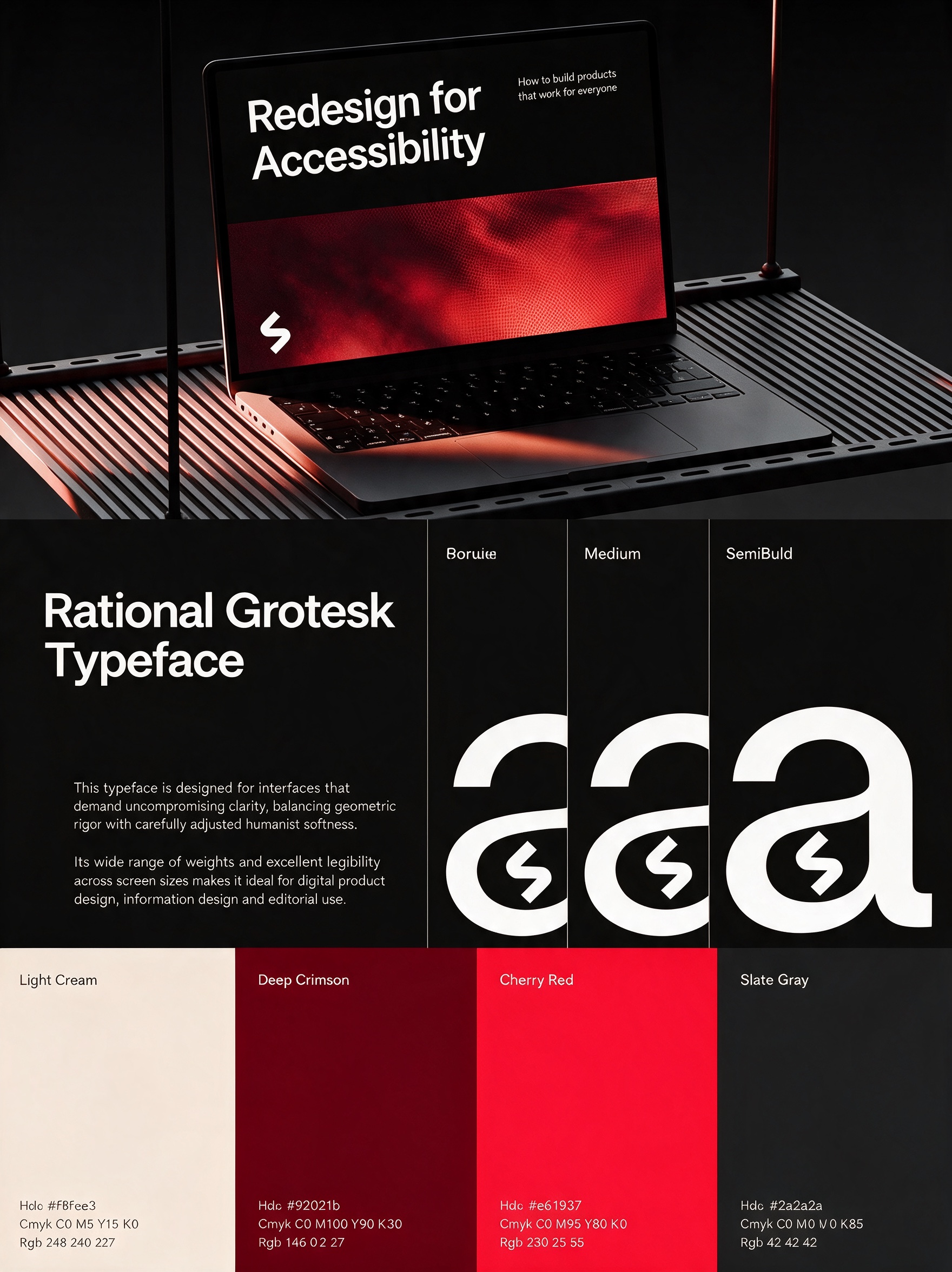 A typeface specification sheet with its weights, colour system and the interface it was drawn for