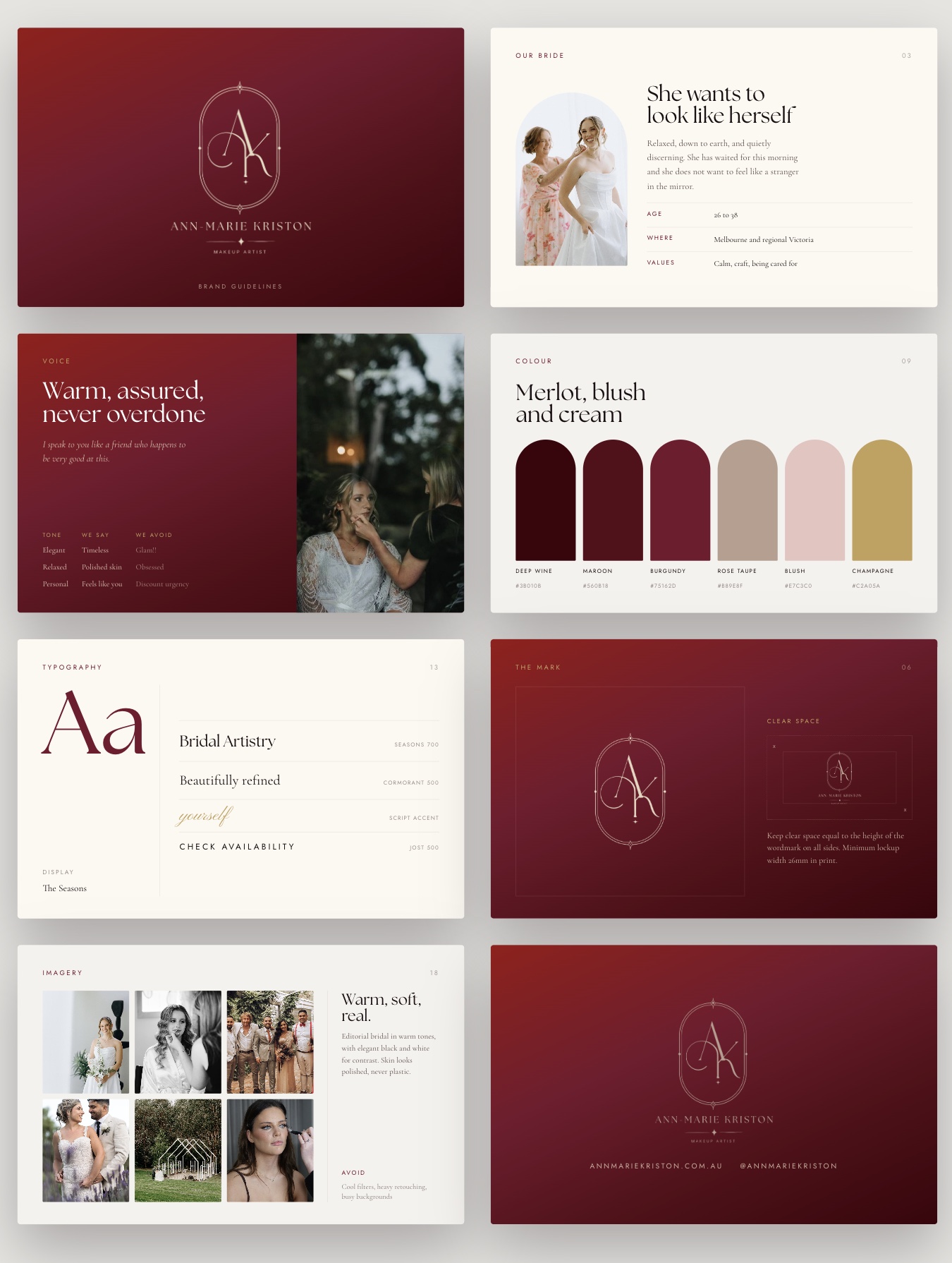 The Ann-Marie Kriston brand guidelines, laid out across voice, the merlot and blush palette, typography, the mark and imagery