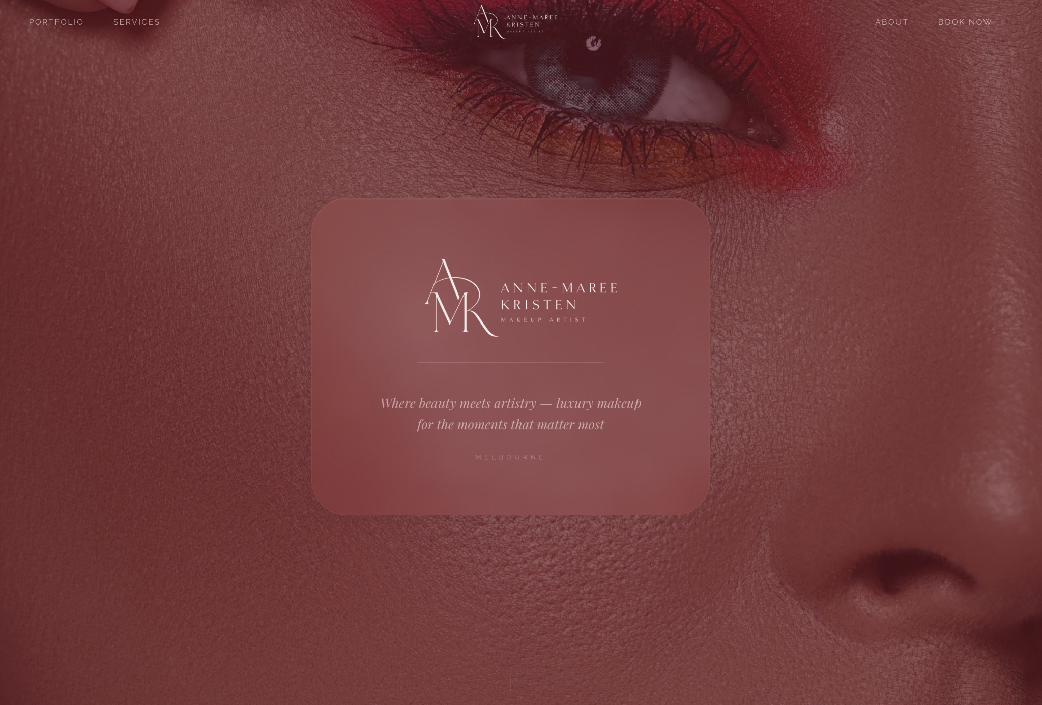 The Anne-Maree Kristen makeup site hero, the monogram card floating over a close crop of a made-up eye