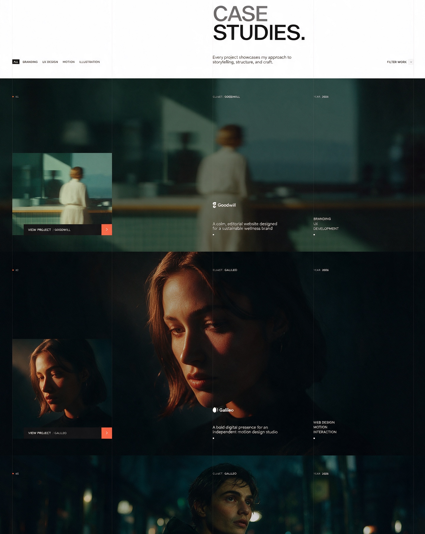 A case studies index page, cinematic project stills under an editorial headline and filter bar