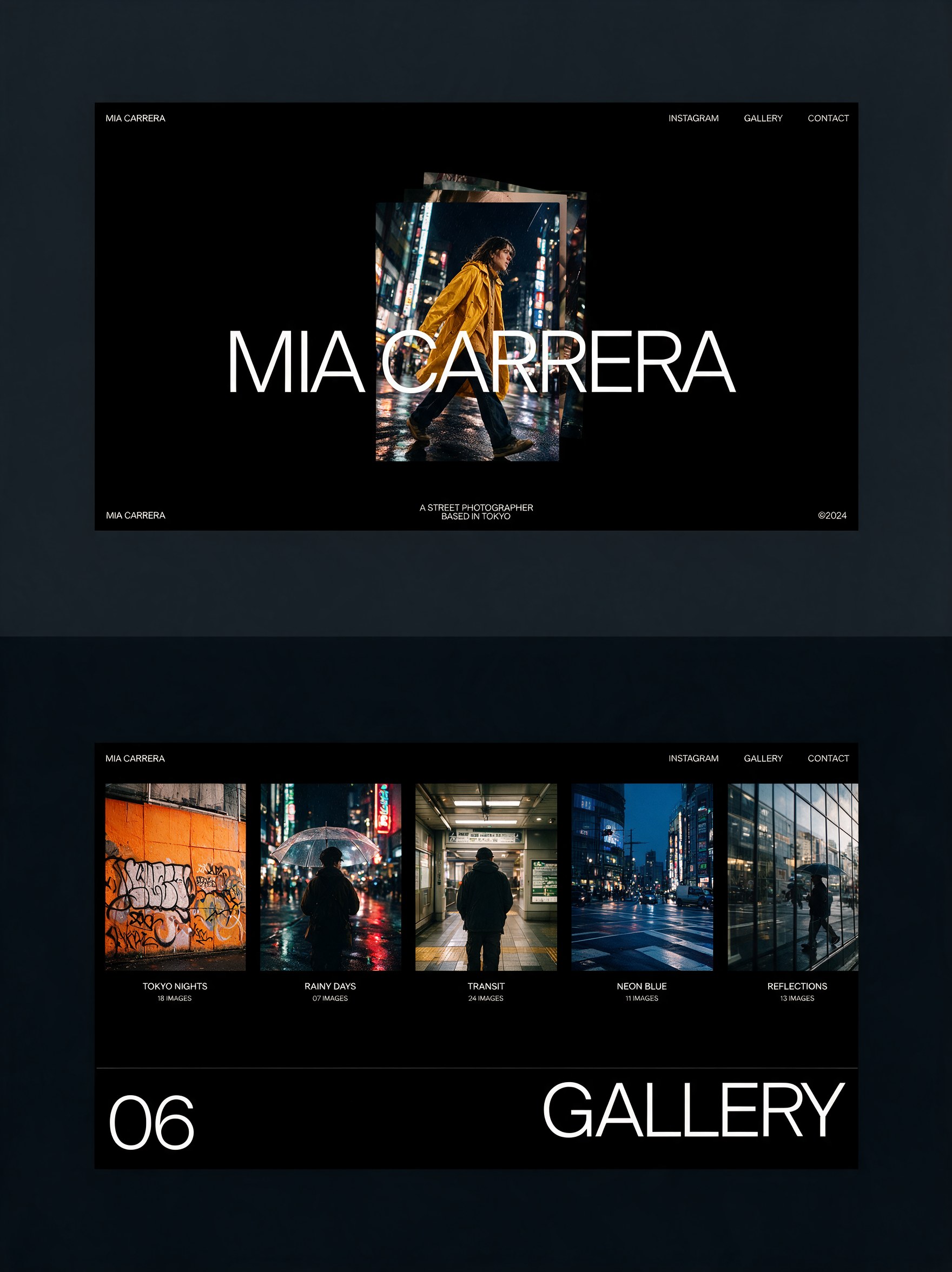 A photographer's site, the type-led hero above the gallery index it opens onto
